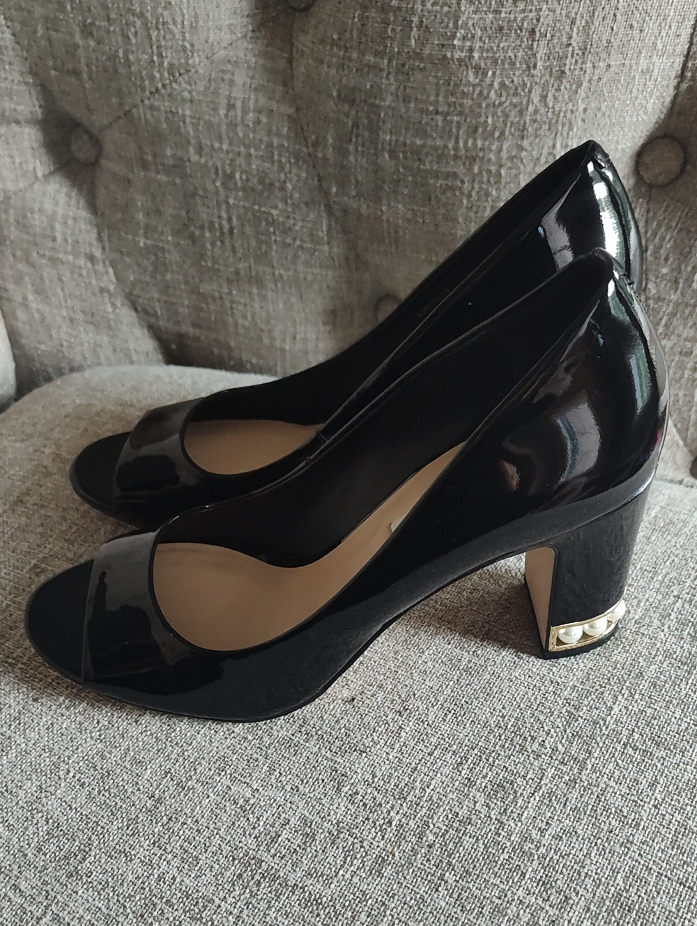 Karl Lagerfeld Black Patent Leather Peep-Toe Block Heels with Pearl Accents